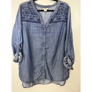 Bob Timberlake Ladies Embroidered Denim‎ Blouse W Split Hem In Back Size XL